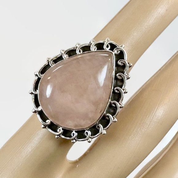Jewelry - Rose Quartz Ring, Sterling Silver, Big Statement, Size 5 3/4, Vintage Ring, NOS,